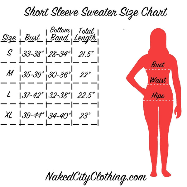 "Short Sleeve Sweater Size Chart" info graphic