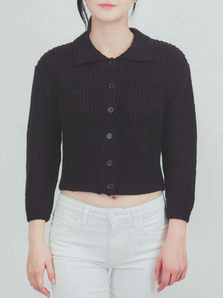 black chunky knit cardigan with contrast texture pointed collar and 3/4 sleeves in a slightly cropped length, shown on model