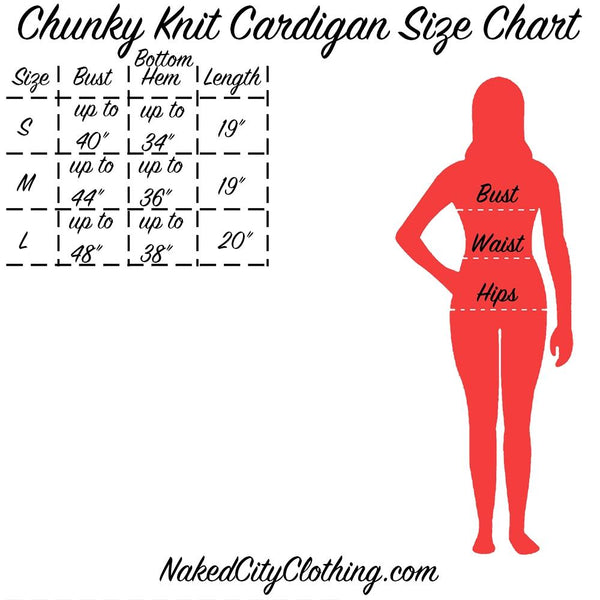 "Chunky Knit Cardigan Size Chart" info graphic