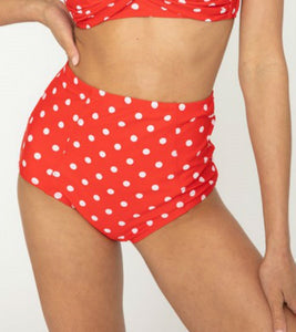 bright red & white polka dot retro-style high waisted swim bottoms, shown on model
