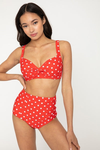 bright red & white polka dot retro-style high waisted swim bottoms, shown on model