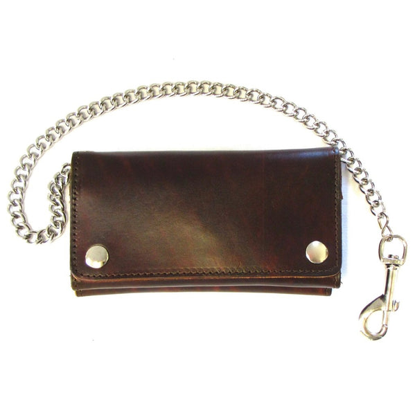 7" antiqued brown leather tri-fold wallet with snap closure and detachable 18" silver metal curb link chain