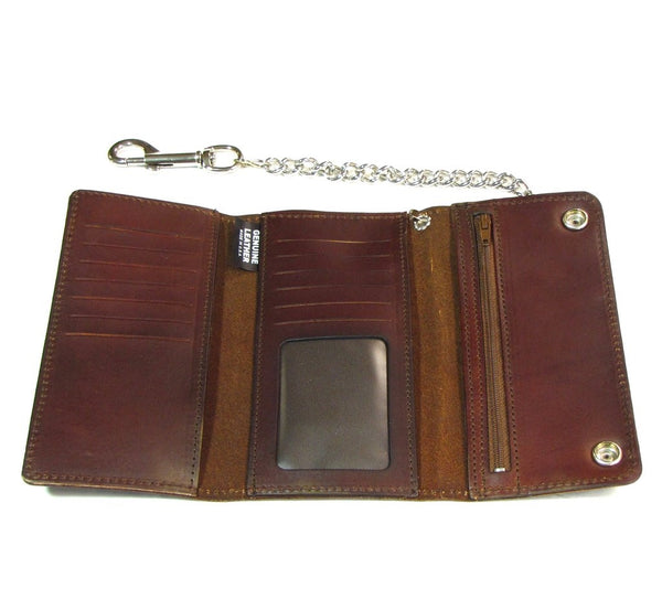 7" antiqued brown leather tri-fold wallet with snap closure and detachable 18" silver metal curb link chain, interior
