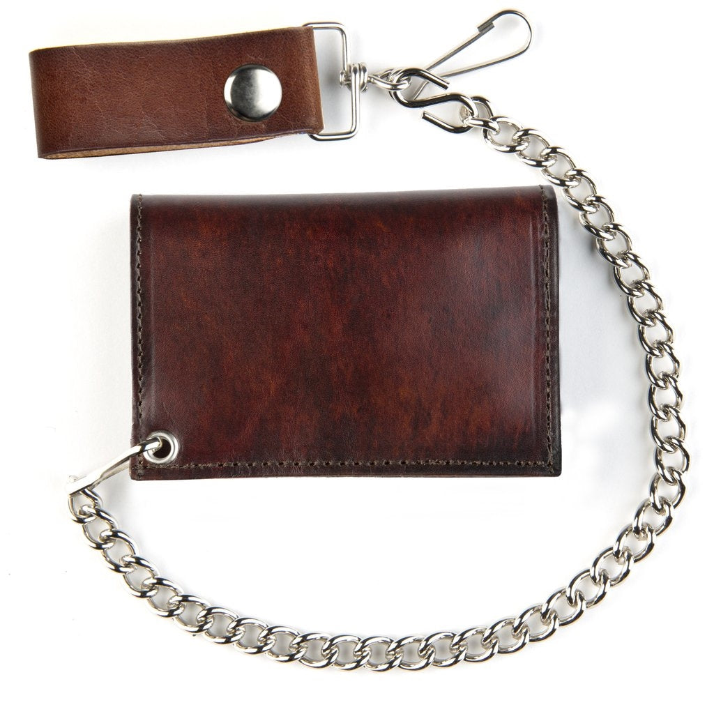 tri-fold men's wallet in antiqued brown leather with 12" detachable silver metal chain