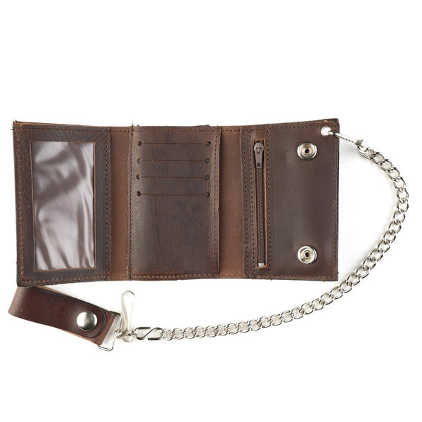 tri-fold men's wallet in antiqued brown leather with 12" detachable silver metal chain, interior