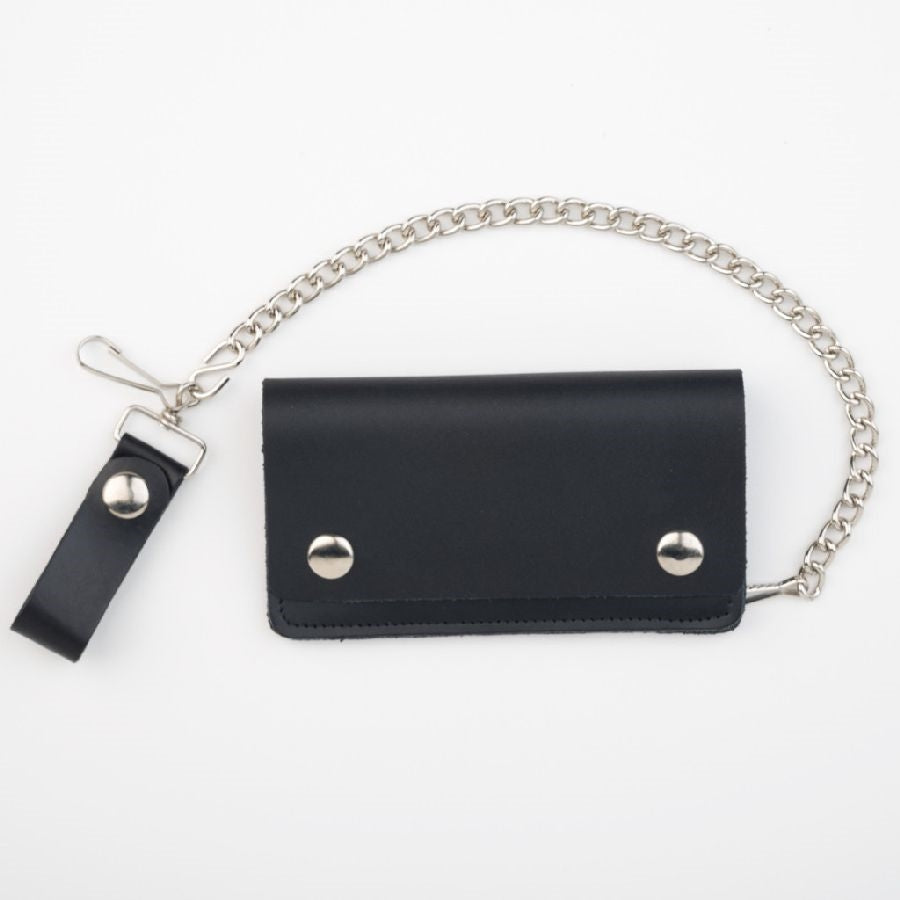 6 1/2" black leather wallet with two snap closure and detachable 12" silver metal curb link chain