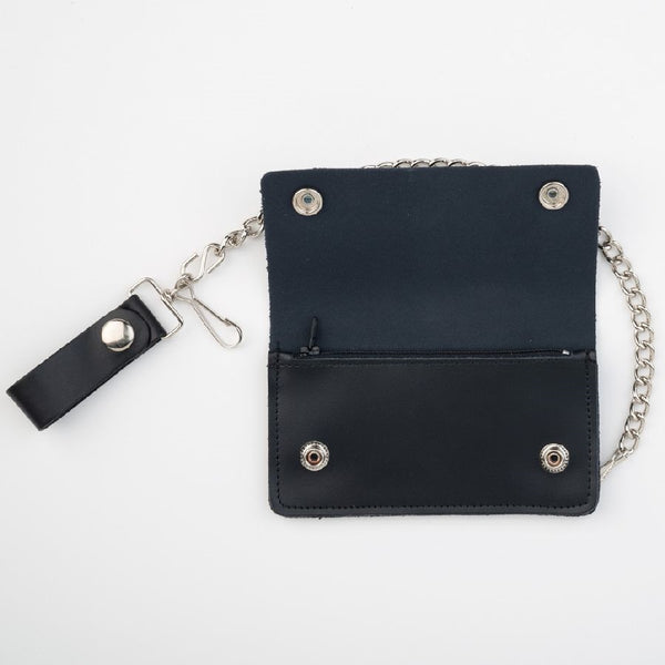 6 1/2" black leather wallet with two snap closure and detachable 12" silver metal curb link chain, interior