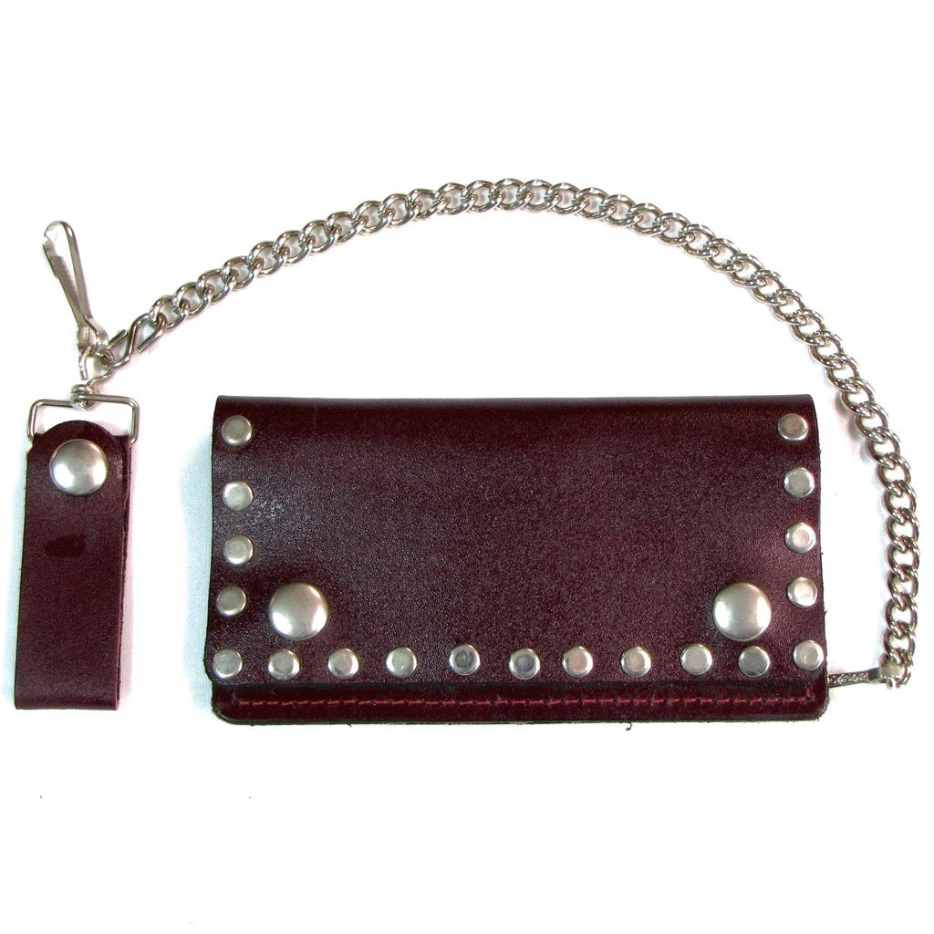 Antiqued brown leather  6 1/2" Biker Wallet silver metal rivet studded edge detail 12" detachable metal chain