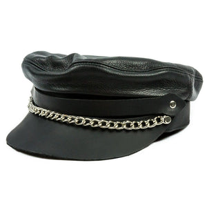 flat top biker cap in soft black leather with chain detail on front of band and thick and sturdy leather brim