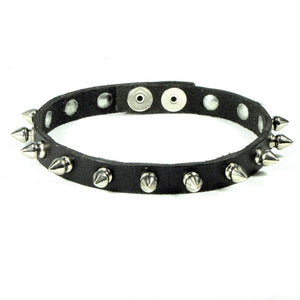 1/2" wide black leather collar with sixteen 1/2" silver metal tree spikes and snap closure