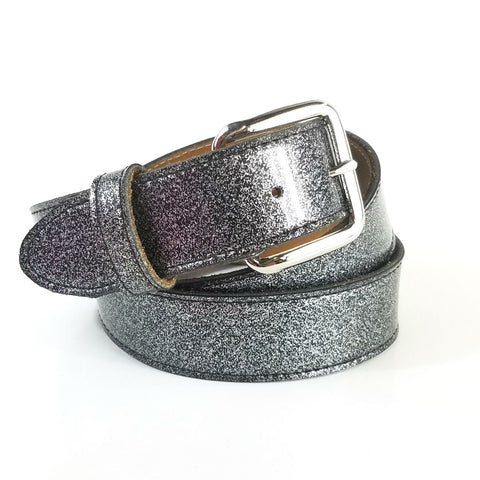 1.5" wide charcoal grey glitter vinyl belt with removable buckle