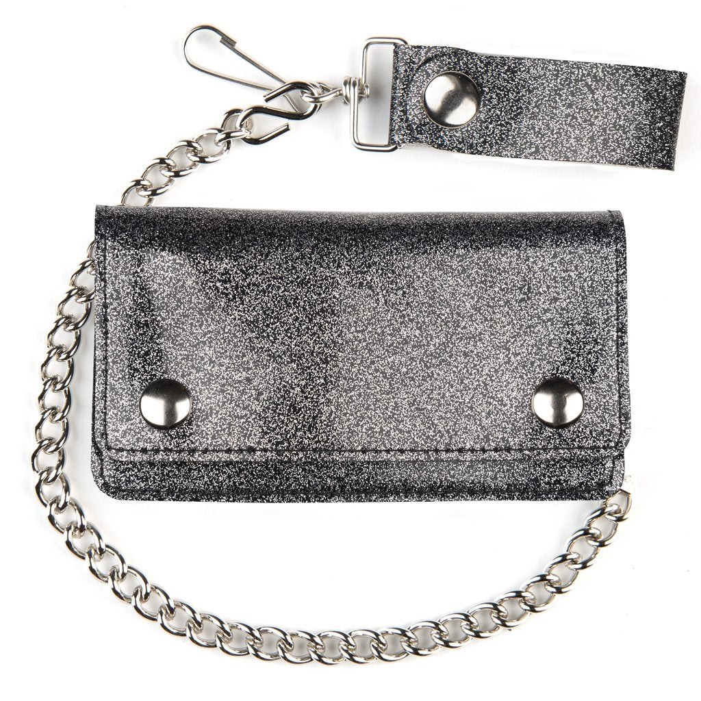6.25" x 3.5" snap closure wallet in soft and durable charcoal grey glitter vinyl, with detachable 12" heavy duty silver metal chain
