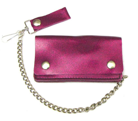 6.25" x 3.5" snap closure wallet in soft and durable purple glitter vinyl, with detachable 12" heavy duty silver metal chain