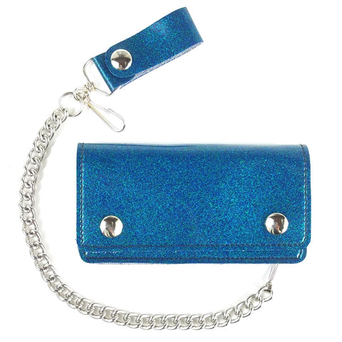 6.25" x 3.5" snap closure wallet in soft and durable ocean blue glitter vinyl, with detachable 12" heavy duty silver metal chain