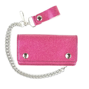 6.25" x 3.5" snap closure wallet in soft and durable deep pink glitter vinyl, with detachable 12" heavy duty silver metal chain
