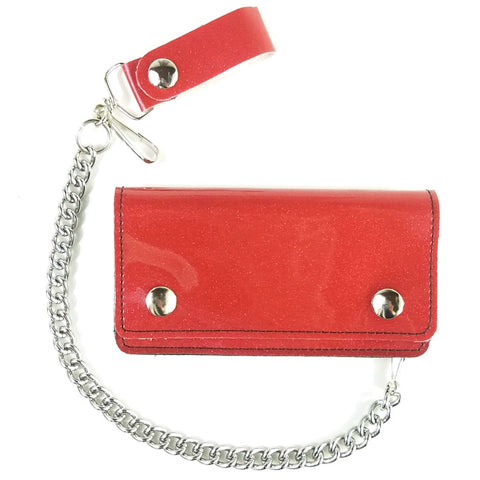 6.25" x 3.5" snap closure wallet in soft and durable red glitter vinyl, with detachable 12" heavy duty silver metal chain