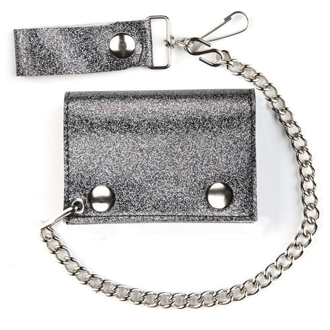 tri-fold snap closure wallet in soft and durable charcoal grey glitter vinyl with detachable 12" heavy duty silver metal chain
