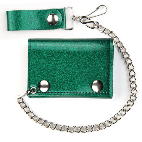 tri-fold snap closure wallet in soft and durable green glitter vinyl with detachable 12" heavy duty silver metal chain
