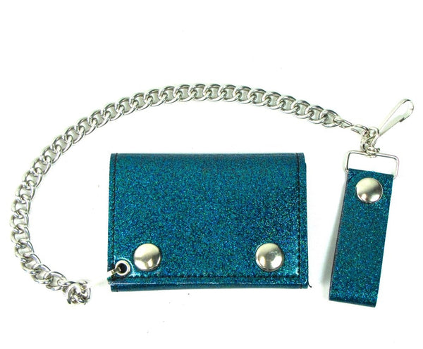 tri-fold snap closure wallet in soft and durable blue-ish green glitter vinyl with detachable 12" heavy duty silver metal chain