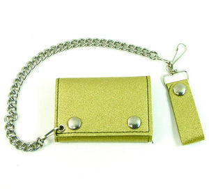 tri-fold snap closure wallet in soft and durable metallic gold glitter vinyl with detachable 12" heavy duty silver metal chain