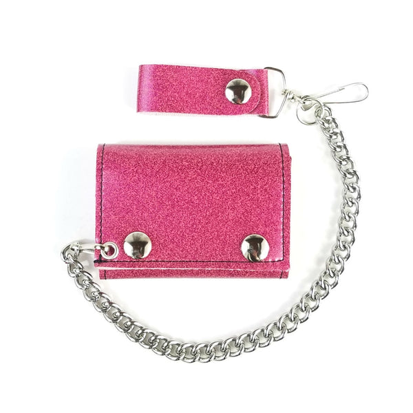 tri-fold snap closure wallet in soft and durable deep pink glitter vinyl with detachable 12" heavy duty silver metal chain