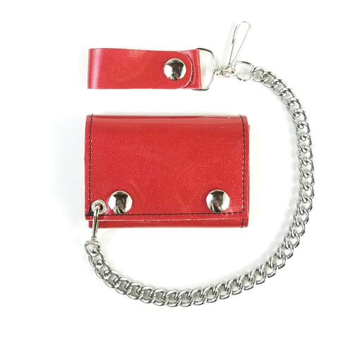tri-fold snap closure wallet in soft and durable red glitter vinyl with detachable 12" heavy duty silver metal chain