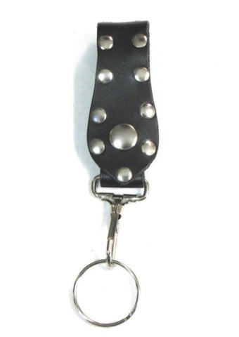 Silver rivet stud outline sturdy black leather snap on keychain fob with heavy duty hook and keyring