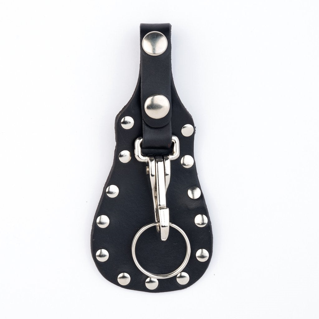 rivet studded sturdy black leather snap on keychain keyring fob with heavy duty hook 6.75"