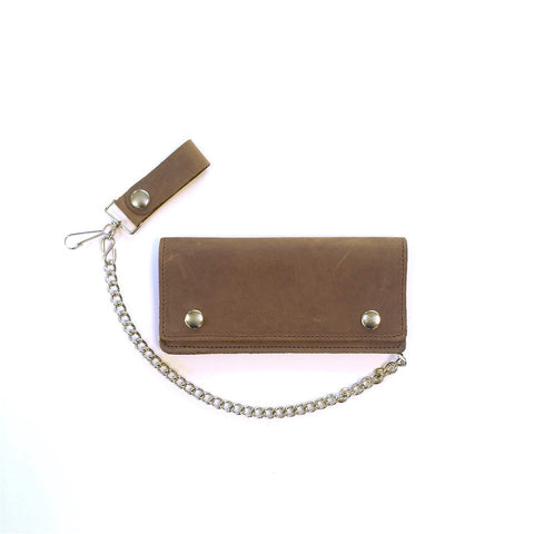 7.5" light brown matte leather "Biker" wallet with detachable sturdy silver metal 12" chain