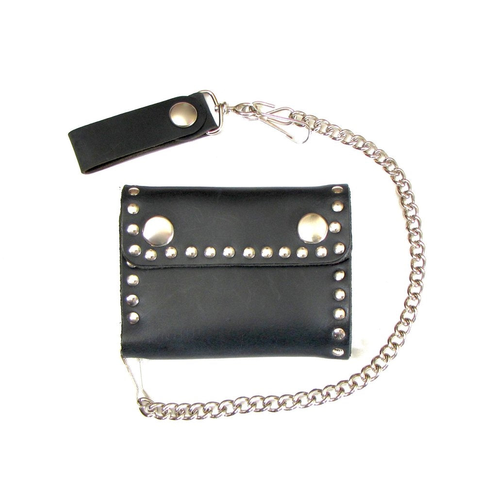 rivet studded sturdy black leather bi-fold wallet with 2-snap closure and detachable 12" chain