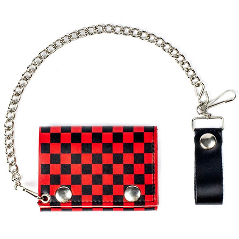 black & red checker print leather tri-fold wallet with two-snap closure and removable 12" silver metal curb link chain