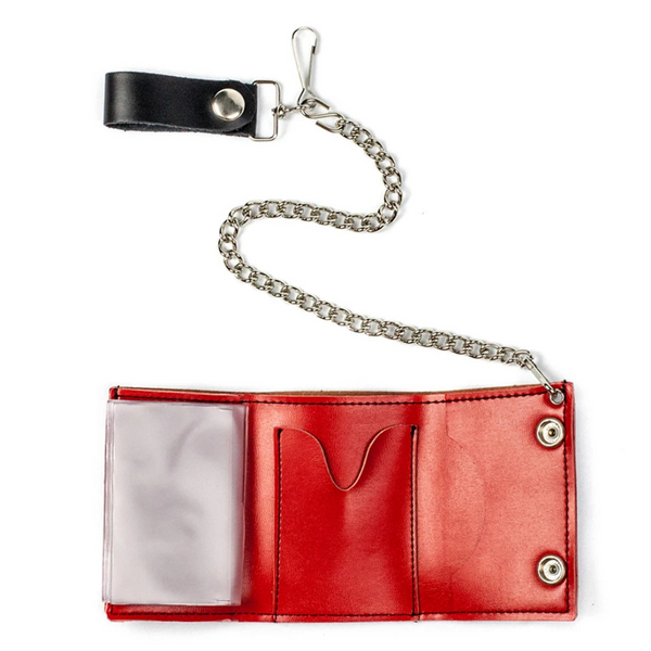 black & red checker print leather tri-fold wallet with two-snap closure and removable 12" silver metal curb link chain, open showing solid red interior