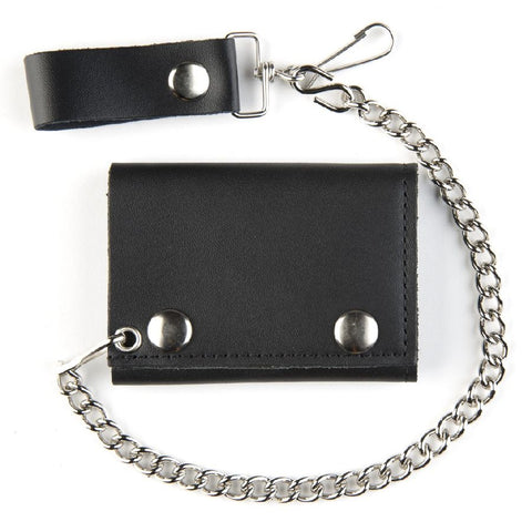 basic black leather tri-fold wallet with two-snap closure and detachable 12" silver metal chain