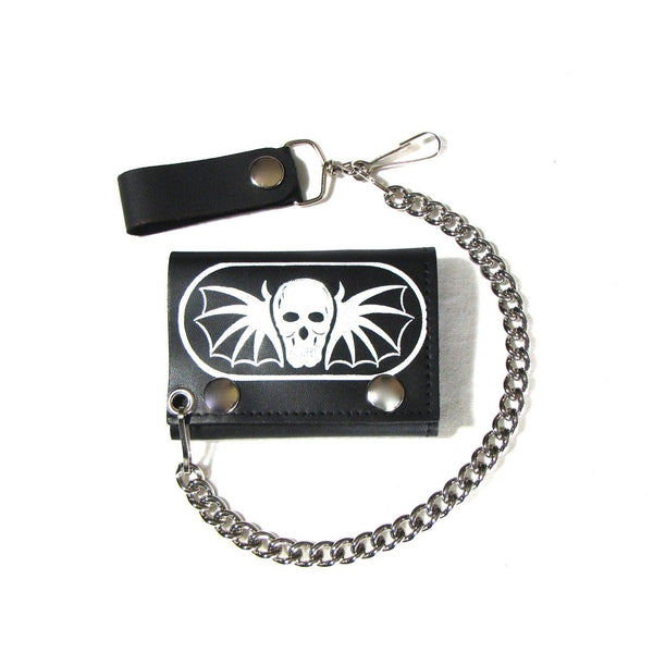 black leather tri-fold snap closure wallet with printed white skull with bat wings on front flap and detachable silver metal curb link chain