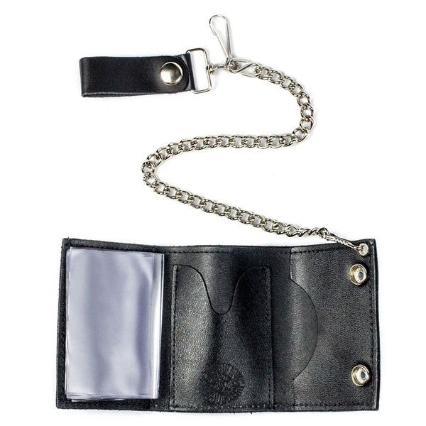 black leather tri-fold snap closure wallet with printed white skull with bat wings on front flap and detachable silver metal curb link chain, shown open