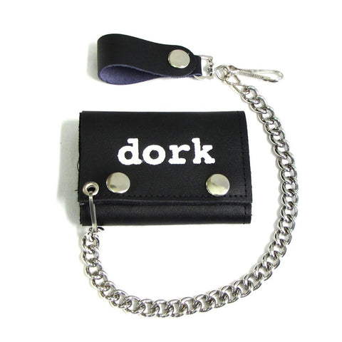 "dork"  white screenprint on black leather tri-fold wallet with two-snap closure and detachable 12" silver metal chain