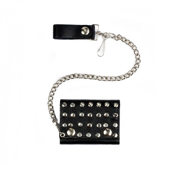 black leather tri-fold wallet with allover rivet studs, two snap closure, and detachable 12" silver metal curb link chain
