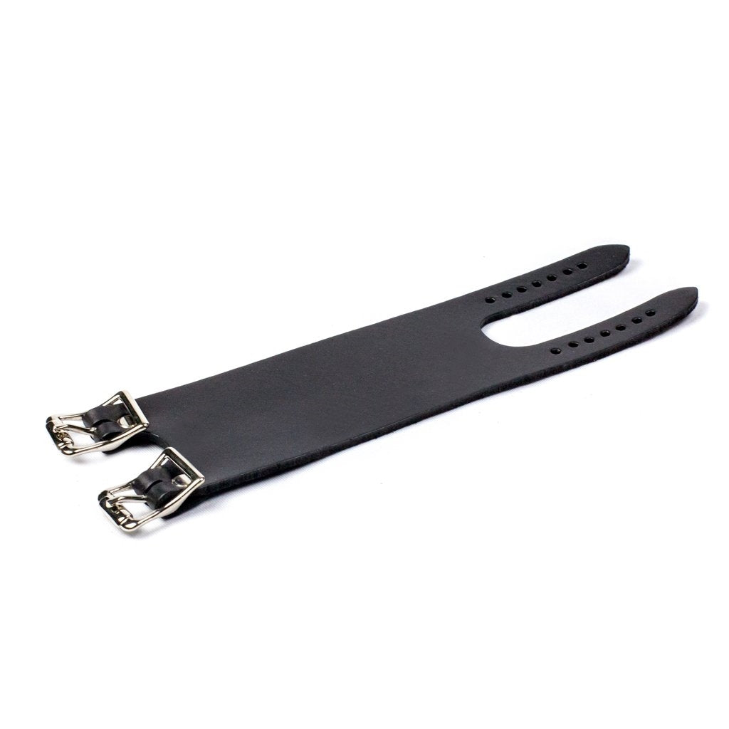 thick black leather 2 3/8" wide adjustable (fits 6 1/4" - 8") cuff with double silver metal buckle closure