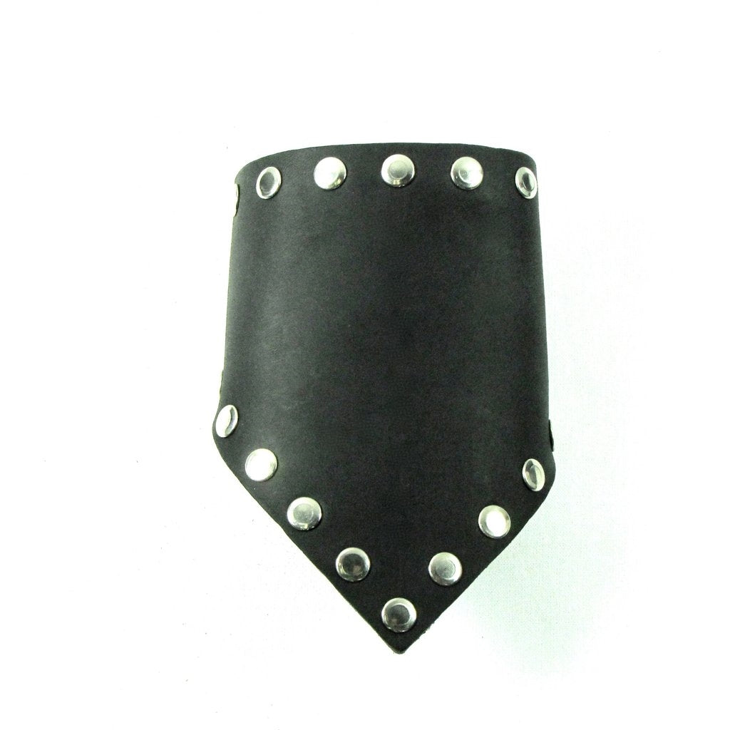 thick black leather 4 3/4" wide adjustable triangle shaped cuff with 3/8" round silver metal rivets outline and heavy duty snap closure