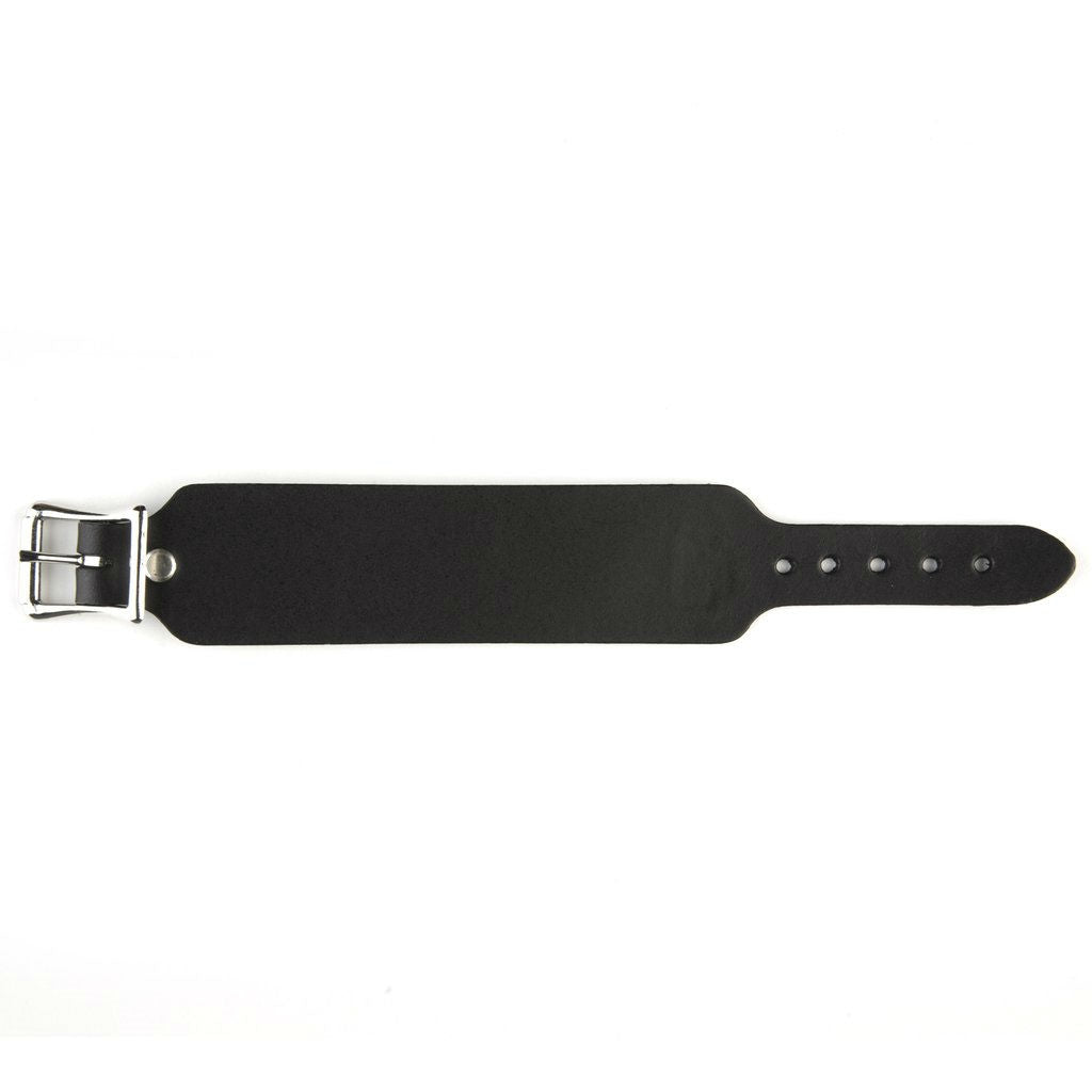 thick black leather 1 1/2" wide adjustable (fits 6 5/8" - 8 1/2") cuff with silver metal buckle closure