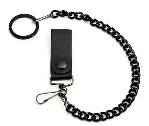 heavy duty 12" matte black metal wallet chain with keyring and thick black leather snap closure loop belt attachment