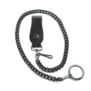 heavy duty 18" matte black metal wallet chain with keyring and thick black leather snap closure loop belt attachment