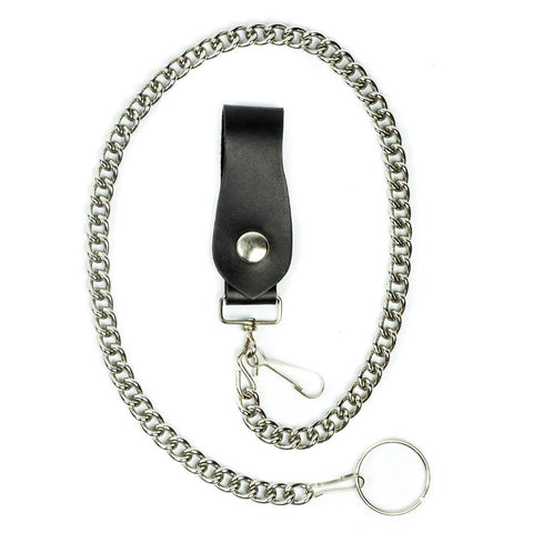 heavy duty 24" silver metal wallet chain with keyring and thick black leather snap closure loop belt attachment