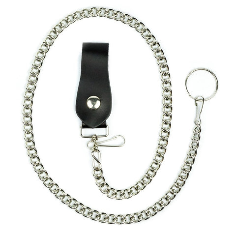 heavy duty 30" silver metal wallet chain with keyring and thick black leather snap closure loop belt attachment