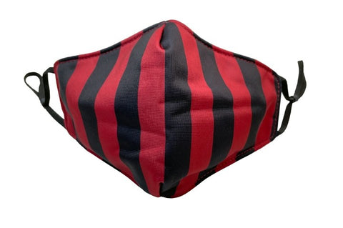 black & burgundy vertical stripe polyester knit shaped face mask with adjustable black ear loops