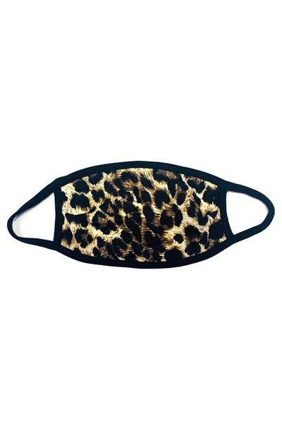 leopard print knit pleated face mask with black trim and ear loops