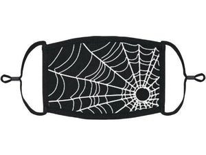 black with white spiderweb print cotton knit face mask, with black trim and adjustable black ear loops