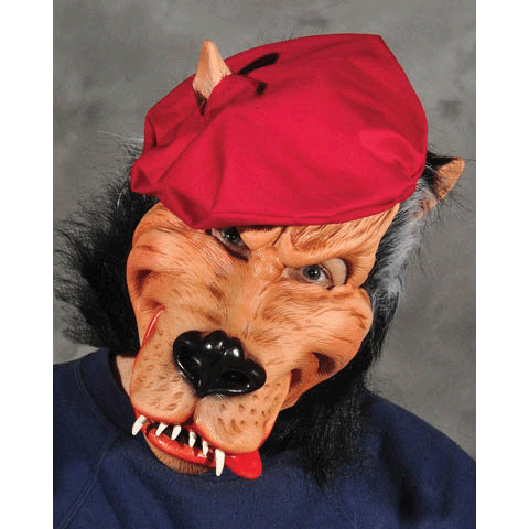 Party Animal tan wolf with tongue out and attached black faux fur, wearing red beret full head latex mask