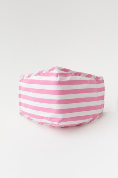 pink and white horizontal stripe print cotton shaped double layer face mask with adjustable black ear loops
