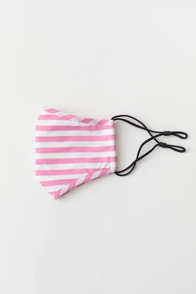pink and white horizontal stripe print cotton shaped double layer face mask with adjustable black ear loops